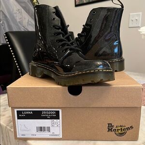 Dr. Martens Black Patent Leather Glitter Boots